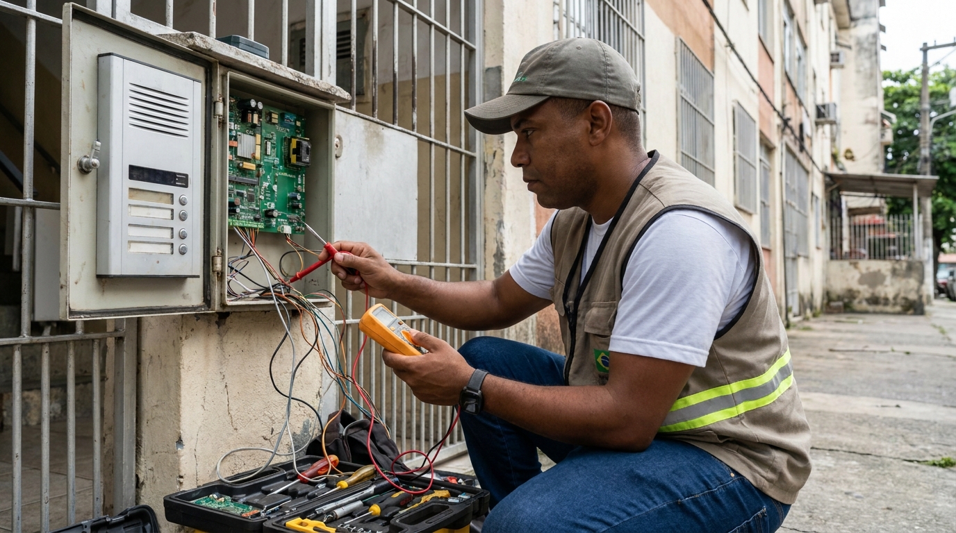 Eletricista consertando interfone em Vila Velha‑ES